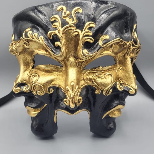 Mask Venetian the three faces, handmade paper mache in black and gold. Luxury Mask for bal masque, masquerade and decoration.