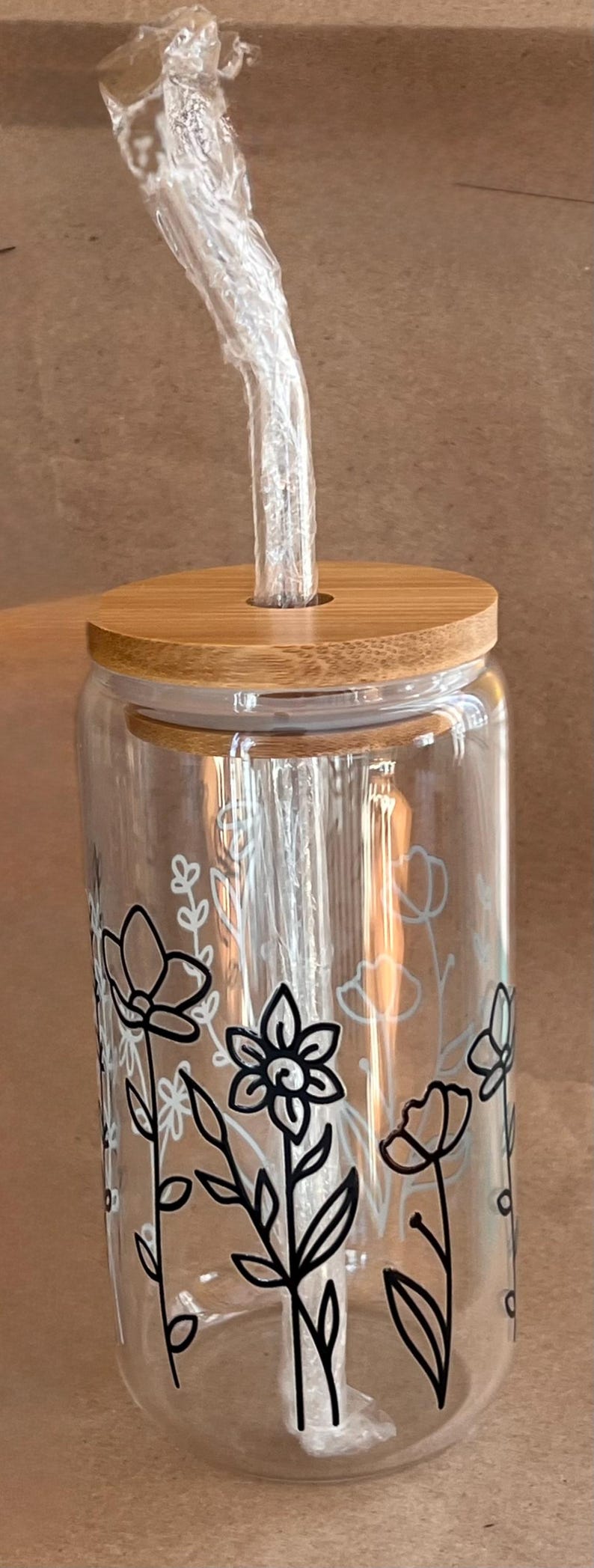 Floral Glass Iced Coffee Cup With Bamboo Lid & Straw - Etsy