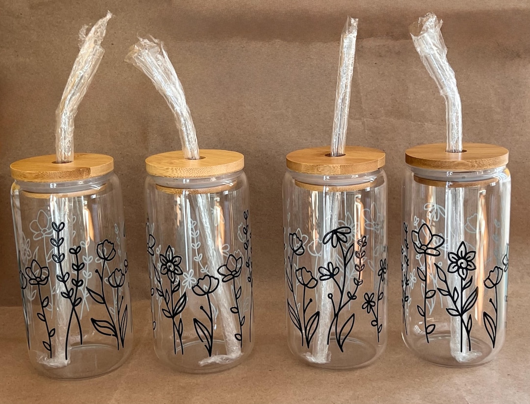 Floral Glass Iced Coffee Cup With Bamboo Lid & Straw - Etsy