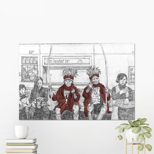 May include: Black and white drawing of four people on a subway train. Three of the people are wearing red and black feathered headdresses. One person is wearing a white shirt with the text "I USED MY GAME TO BE HERE". The sign above them reads "I'm lovin' it" with the McDonald's logo.