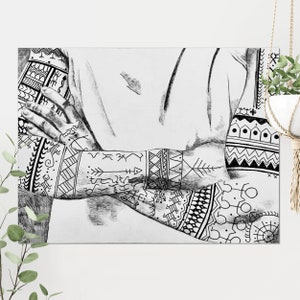 May include: Black and white line drawing of a person's arms with intricate geometric tattoos. The tattoos are a mix of geometric shapes, arrows, and symbols.