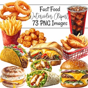 Clipart de Fast Food para Download Digital: Arte de Comida Não Saudável, Ilustração de Almoço, Imagem de Hambúrguer, Pizza, Taco, Batata Frita, Refrigerante, Frango, Restaurante, PNG, Sanduíche