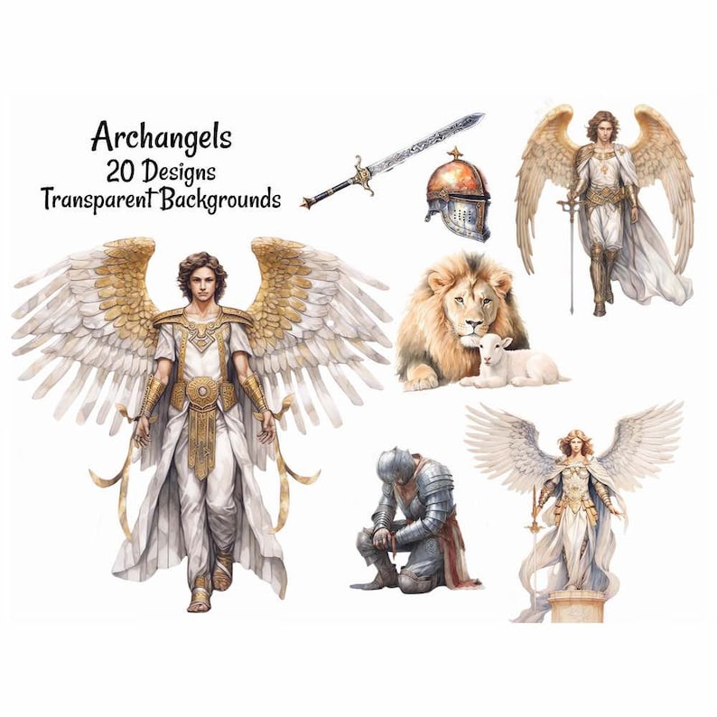 Puede incluir: Un conjunto de ilustraciones digitales de 20 dise&ntilde;os de arc&aacute;ngeles con fondos transparentes. El conjunto incluye im&aacute;genes de &aacute;ngeles con alas, espadas y cascos. Tambi&eacute;n hay un le&oacute;n con un cordero, un caballero arrodillado y un &aacute;ngel femenino con una espada.