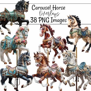 May include: A selection of carousel horse overlays in diverse colours and styles. The horses display intricate saddles, manes, and decorative features. The image includes text that reads "Carousel Horse Overlays 38 PNG Images."