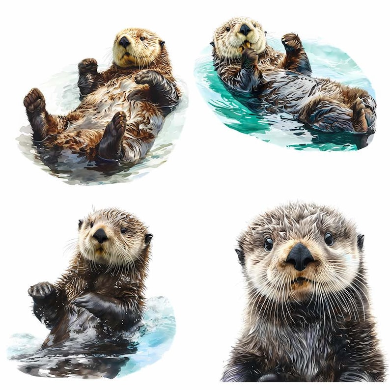 May include: Four sea otters in different poses, swimming in turquoise water. The otters have brown fur and are floating on their backs, looking up at the camera.