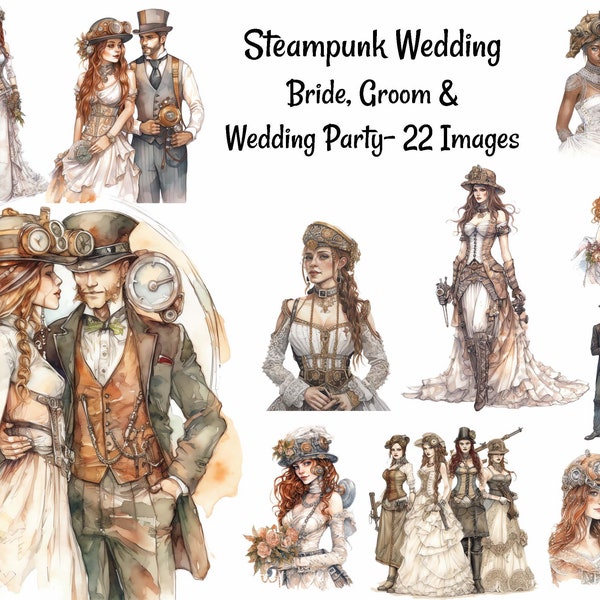 Steampunk Wedding Party Bride Groom Victorian Fantasy Clipart, Digital Instant Download, 22 PNG Watercolor Images Invitations Scrapbooking