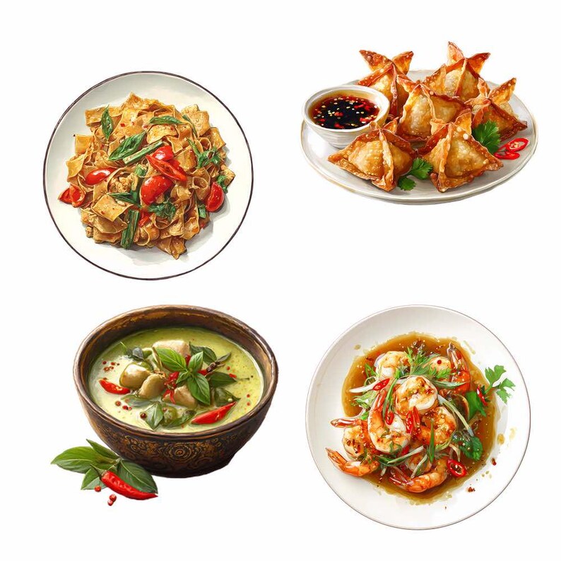 Thai Food Clipart Digital Downloads Restaurant Asian Watercolor Overlay Noodles, Curry, Rice, Stir Fry, Soup, Summer Rolls, Seafood image 2