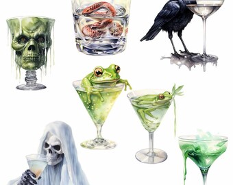 Halloween Cocktails Watercolor Clipart Digital Downloads