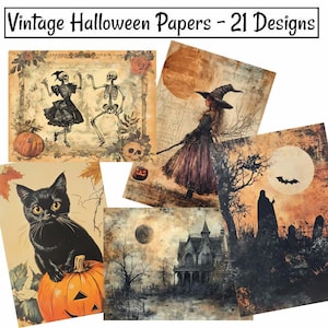 Halloween Vintage Papers, 21 Junk Journal Ephemera Decoupage Gothic Scenes,Vertical Horizontal Designs,Witch Pumpkin Haunted House Scrapbook