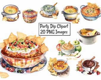 Party Dips Food Clipart Digital Downloads, Watercolor Overlay ,20 Game Time Cheese Spinach Onion Chocolate Carmel Chili Mexican Dips