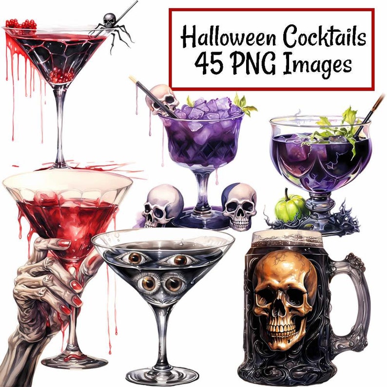 Pu&ograve; includere: Un set di cinque cocktail a tema Halloween. I cocktail sono in diversi bicchieri, tra cui un bicchiere da martini, un calice, una tazza e una coppa. I cocktail sono decorati con teschi, bulbi oculari e altri elementi spettrali. Il testo "Halloween Cocktails 45 PNG Images" &egrave; nell'angolo in alto a destra dell'immagine.