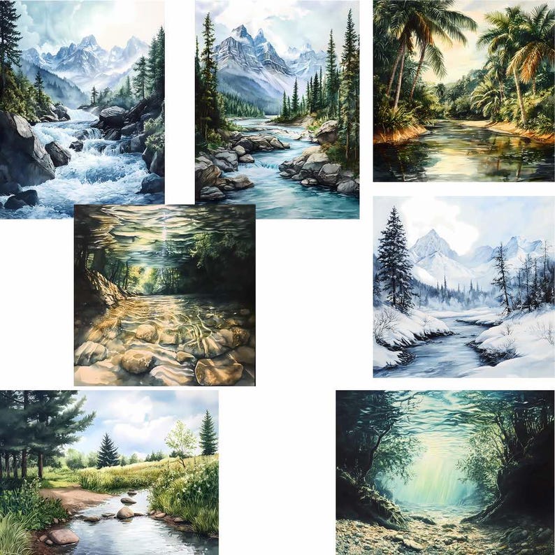 K&ouml;nnte beinhalten: Eine Sammlung von Aquarell-Landschaftsbildern, die ruhige Flussszenen darstellen. Die Kunstwerke zeigen flie&szlig;endes Wasser, felsige Flussbetten und &uuml;ppiges Gr&uuml;n, mit Bergketten und Palmen im Hintergrund. Die Gem&auml;lde erwecken ein Gef&uuml;hl der Ruhe.