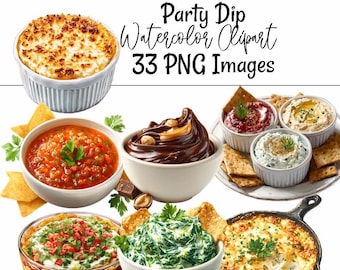 Party Dips Food Clipart Digital Downloads Watercolor Overlay Game Time Cheese Spinach Onion Chocolate Carmel Chili Mexican Dips