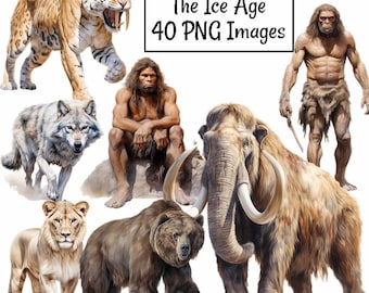 Era do Gelo Clipart Aquarela Downloads Digitais Glacial Extinto Animal Pré-histórico Pleistoceno Gato Dente-de-Sabre Ilustração Mamute Lobo Terrível