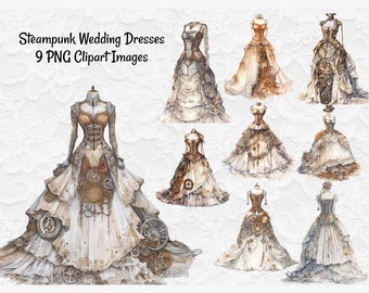 Steampunk Wedding Dress Fashion Victorian Fantasy Clipart,Digital Instant Download, 9 PNG Watercolor Bride Bridal Shower Images Invitations