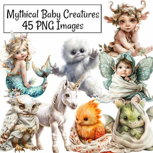 Mythical Baby Creatures Clipart,45 Watercolor Babies, Fantasy Folklore Greek Mythology Supernatural Fairy Tale Legendary Nursery Art