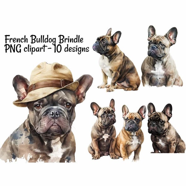 French Bulldog Brindle Watercolor Digital Downloads, 10 Sublimation Dog Clipart , Transparent Background, Art Prints, Shirts, Stickers