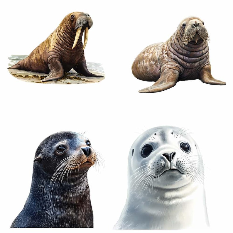 Puede incluir: Cuatro tipos diferentes de focas, incluyendo una morsa, una foca com&uacute;n y dos tipos diferentes de focas de piel. La morsa es marr&oacute;n con colmillos largos, la foca com&uacute;n es gris con el vientre blanco, y las focas de piel son ambas marrones con marcas blancas.