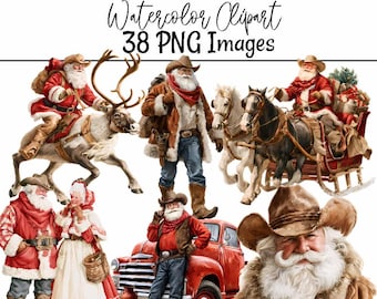 Western Santa Claus Watercolor Clipart Digital Downloads Overlay Christmas Cowboy Southwest Horse Rustic Holiday Reindeer Winter Noel