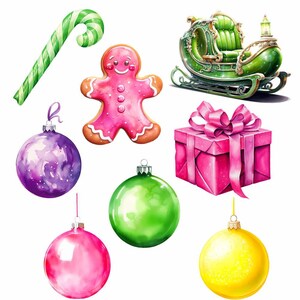 May include: A watercolor illustration of Christmas decorations, including a gingerbread man, a candy cane, a green sleigh, a pink gift box with a bow, and four ornaments in purple, green, pink, and yellow.