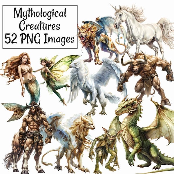 Mythologische Kreaturen Clipart, 52 Aquarell druckbare digitale Downloads, Fantasy Folklore griechische Mythologie übernatürliche Märchen Legendär