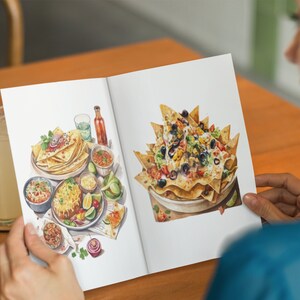 Pode incluir: Uma ilustra&ccedil;&atilde;o em aquarela de dois tipos diferentes de nachos. Um prato apresenta um estilo tradicional com chips de tortilla, salsa e guacamole. O outro prato apresenta um estilo mais moderno com um molho cremoso, azeitonas pretas e tomates.