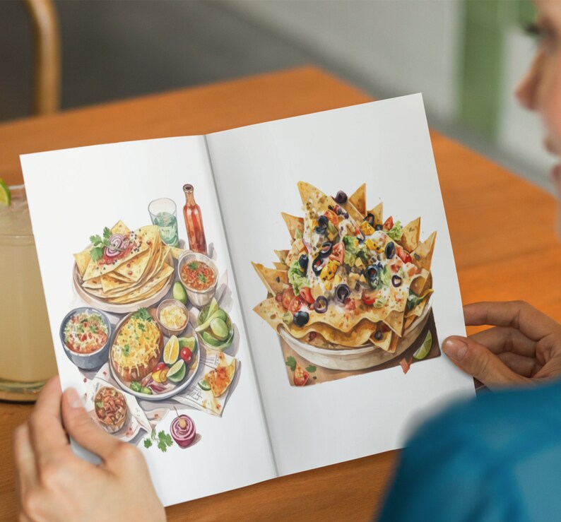 Pode incluir: Uma ilustra&ccedil;&atilde;o em aquarela de dois tipos diferentes de nachos. Um prato apresenta um estilo tradicional com chips de tortilla, salsa e guacamole. O outro prato apresenta um estilo mais moderno com um molho cremoso, azeitonas pretas e tomates.