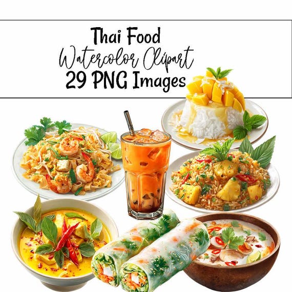 Thai Food Clipart Digital Downloads Restaurant Asian Watercolor Overlay Noodles, Curry, Rice, Stir Fry, Soup, Summer Rolls, Seafood