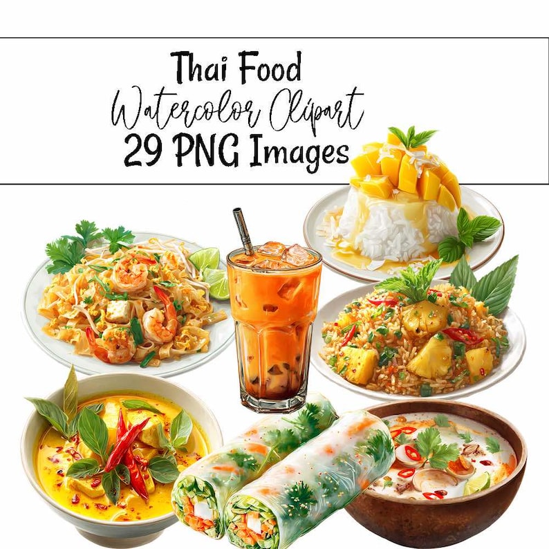 Thai Food Clipart Digital Downloads Restaurant Asian Watercolor Overlay Noodles, Curry, Rice, Stir Fry, Soup, Summer Rolls, Seafood image 1