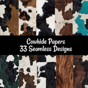 Cowhide Seamless Digital papers, 33 Leather Cow Fur Texture Western Patterns Download,  Cowboy Realistic Backgrounds, Highland Cow, Animal