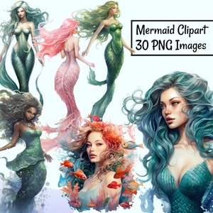 Mermaid Clipart Watercolor Digital Downloads,30 Watercolor Overlay Fairy Tale Under Sea,Siren Commercial Use Transparent Background