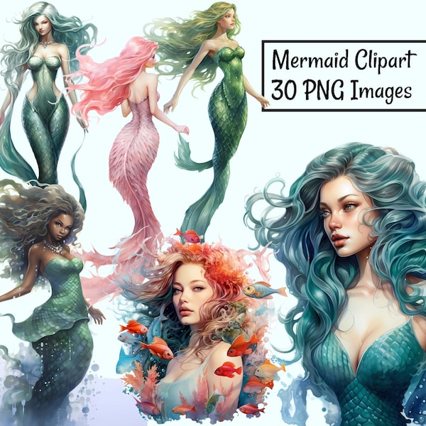 Mermaid Clipart Watercolor Bundle Digital Downloads,30 Watercolor Overlay Fairy Tale Under Sea,Siren Commercial Use Transparent Background