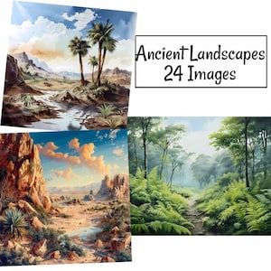 May include: A collection of 24 images depicting ancient landscapes. The images show a variety of scenes, including lush forests, rocky deserts, and palm trees. The images are all painted in a realistic style.