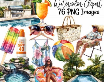 Clipart de acuarela de piscina Arte de verano junto a la piscina Fiesta en la piscina Descargas digitales Ilustraciones tropicales de playa Paraíso Natación Clipart Gráfico de sol