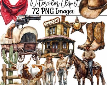 Western Watercolor Clipart Cowboy Digital Downloads Southwest Illustration Cowgirl Digital Art Wild West Decor Ranch Clipart Farm Horse