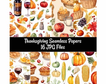 Thanksgiving Seamless Watercolor Autumn Fall Digital papers, 16 Pumpkin Turkey Dinner Apple Pie Commercial Use, Scrapbooking Backgrounds