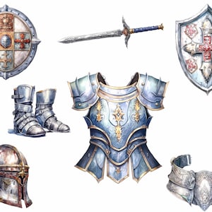 Puede incluir: Un conjunto de armadura de caballero medieval, que incluye un casco, una coraza, guantes, grebas y una espada. La armadura est&aacute; hecha de metal y tiene un acabado plateado. El casco tiene una visera y una cresta. La coraza tiene un dise&ntilde;o decorativo. Los guantes y las grebas tambi&eacute;n est&aacute;n decorados. La espada tiene una hoja plateada y una empu&ntilde;adura dorada.