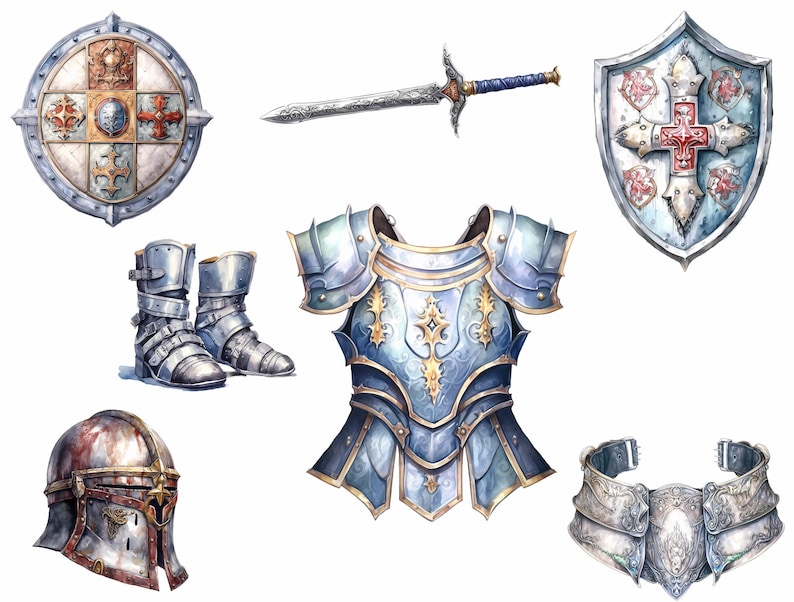 Puede incluir: Un conjunto de armadura de caballero medieval, que incluye un casco, una coraza, guantes, grebas y una espada. La armadura est&aacute; hecha de metal y tiene un acabado plateado. El casco tiene una visera y una cresta. La coraza tiene un dise&ntilde;o decorativo. Los guantes y las grebas tambi&eacute;n est&aacute;n decorados. La espada tiene una hoja plateada y una empu&ntilde;adura dorada.
