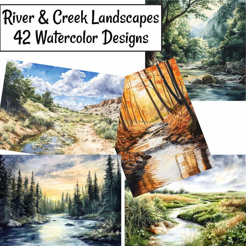 K&ouml;nnte beinhalten: Eine Sammlung von 42 Aquarelldesigns mit Fluss- und Bachlandschaften. Die Kunstwerke zeigen verschiedene Szenen, darunter ein Fluss, der durch einen Wald flie&szlig;t, ein Bach in einer Schlucht und ein Bach in einer Wiese. Der Text "River & Creek Landscapes" steht oben.