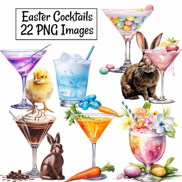 Easter Cocktail Clipart Digital Downloads, 22 Watercolor Overlay Spring Drinks Beverages, Bunny Chick Egg Candy, Holiday party, Alcohol