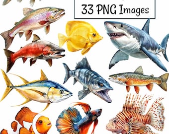 Descargas digitales de imágenes prediseñadas de peces en acuarela: peces de agua salada, peces tropicales de agua dulce, peces realistas bajo el mar, lubina, tiburón, trucha.