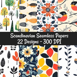 Carte digitali senza soluzione di continuità scandinave, 22 modelli ripetuti svedesi da scaricare, sfondi arte popolare nordica, uccelli della foresta minimalisti animali