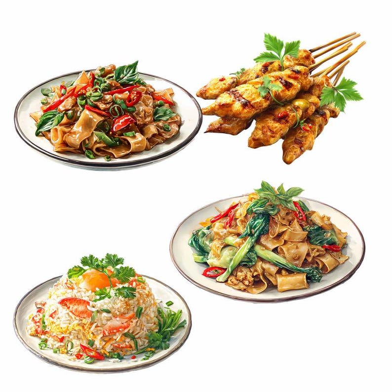 Thai Food Clipart Digital Downloads Restaurant Asian Watercolor Overlay Noodles, Curry, Rice, Stir Fry, Soup, Summer Rolls, Seafood image 3
