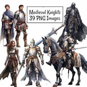 Medieval Knights Clipart Digital Downloads Watercolor Overlay Armor Horses Soldier Transparent Background Castle Illustration Horse Knight