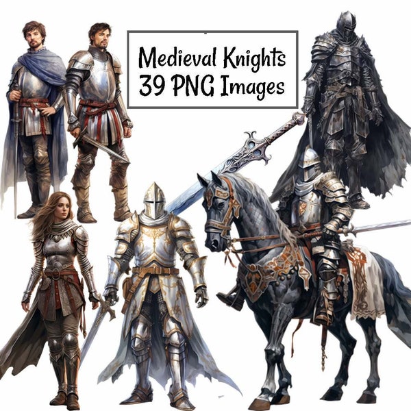 Medieval Knights Clipart Digital Downloads, 39 Watercolor Overlay Armor Horses Soldier ,Transparent Background, Art Prints, Shirts, Stickers