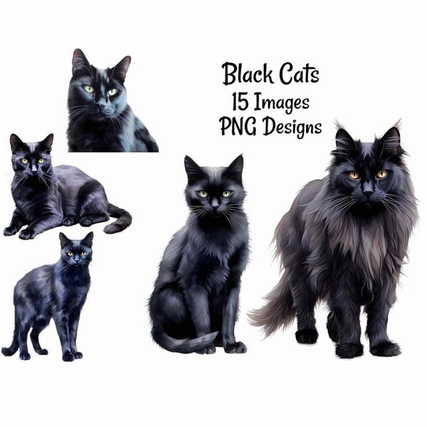 Black Cat Watercolor Digital Downloads, 15 Kitten Cat Lover Overlay Clipart , Transparent Background, Halloween Witch Animal