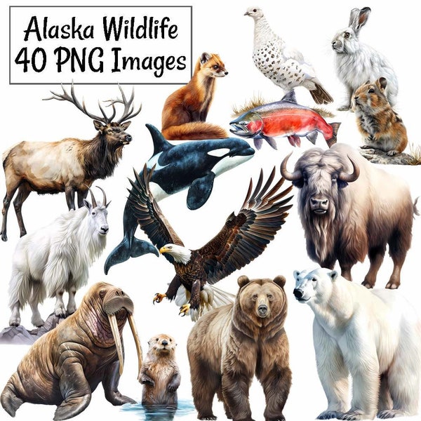 Alaska Wildlife Clipart, Watercolor Digital Downloads, 40 Woodland North America Animal High Quality Overlay, 2 Landscapes, Orca Polar Bear