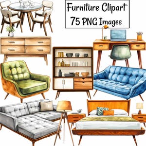 Puede incluir: Un conjunto de 75 imágenes de clipart digitales que presentan varios muebles de estilo moderno de mediados de siglo, incluyendo un sofá, un sillón, una mesa de café, una estantería, un escritorio, una cama y una mesa auxiliar. Las imágenes están en un estilo de acuarela y presentan una variedad de colores y patrones.