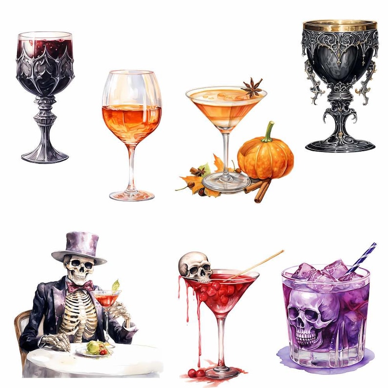 Pu&ograve; includere: Sei bicchieri da cocktail diversi con varie bevande e decorazioni. I bicchieri includono un calice nero con un liquido rosso scuro, un bicchiere trasparente con un liquido ambrato chiaro, un bicchiere da martini con un liquido arancione chiaro e una guarnizione di anice stellato, un calice nero con un liquido scuro, un bicchiere da martini con un liquido rosso e una guarnizione di teschio, e un bicchiere trasparente con un liquido viola e una guarnizione di teschio.