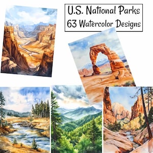 May include: A collection of 63 watercolor paintings depicting various U.S. National Parks. The paintings feature iconic landmarks like Delicate Arch in Arches National Park, Zion Canyon in Zion National Park, and a scenic view of the Grand Canyon.